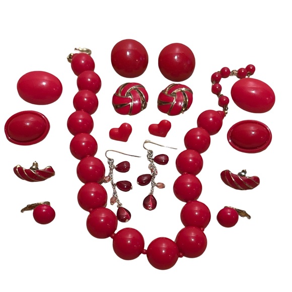 Vintage Red Jewelry Earrings & Necklace Bundle 9 Piece Jewelry Lot - Picture 4 of 12